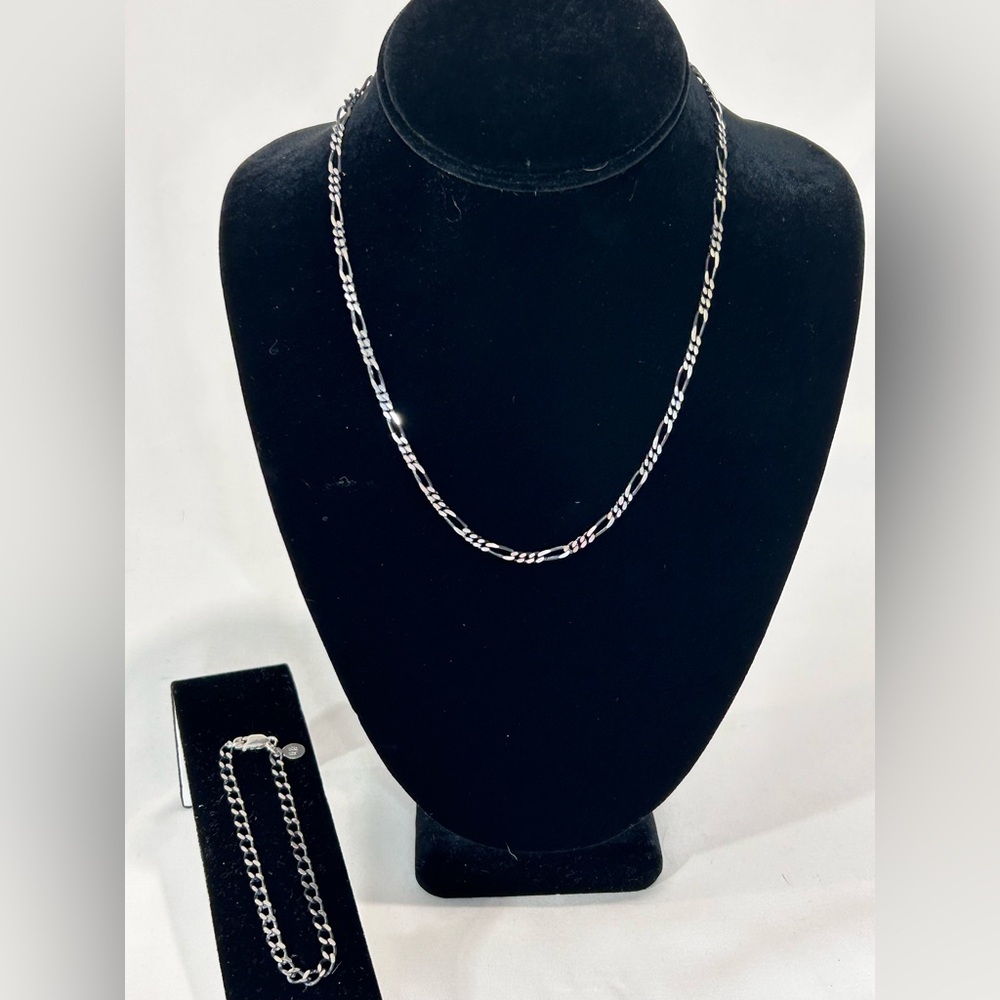 8" Sterling Silver Diamond Cut Powder Coat Curb Link Chain and Matching Bracelet